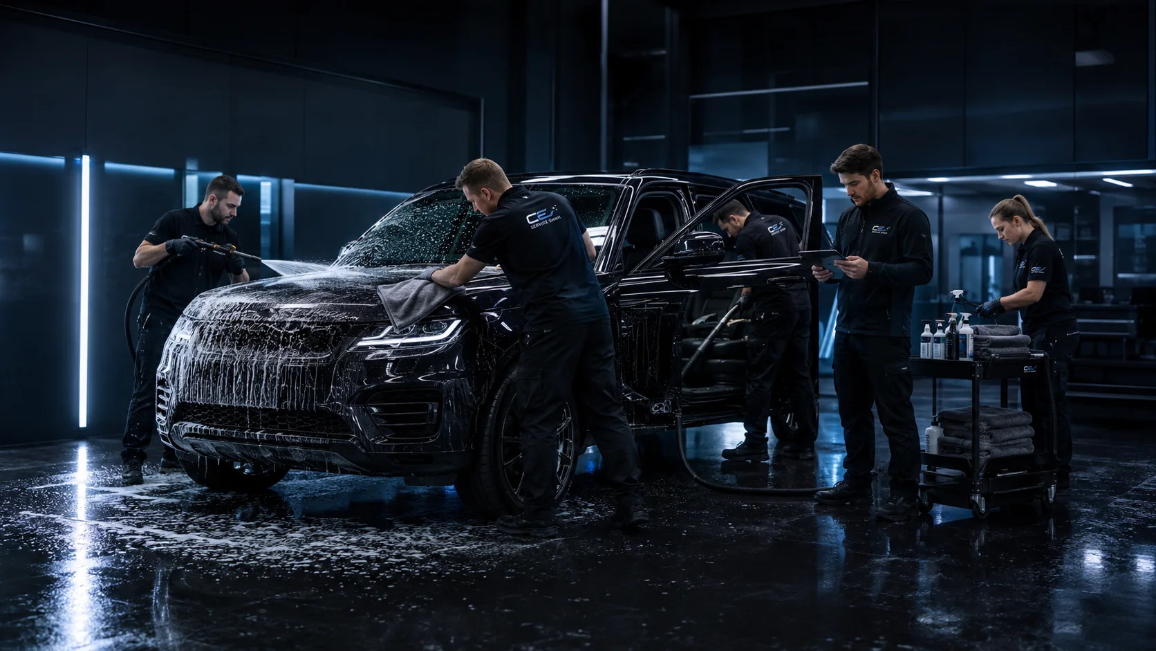 CE Service Team bei abgestimmten Abläufen in der Fahrzeugaußenpflege
