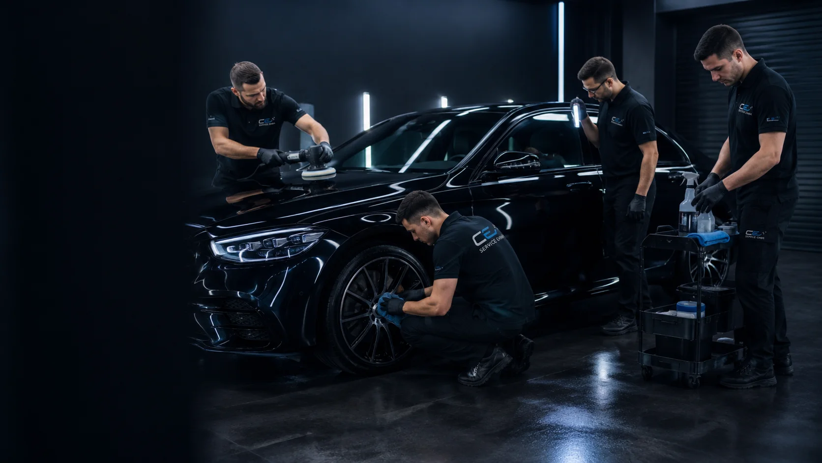 Mehrere CE Service Mitarbeiter arbeiten gemeinsam an der professionellen Autoaufbereitung