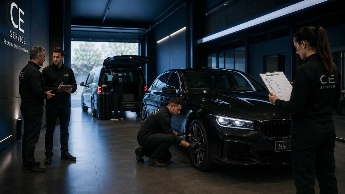 CE Service Team bei gemeinsamer Fahrzeugkontrolle und Arbeitsabstimmung im Autohaus